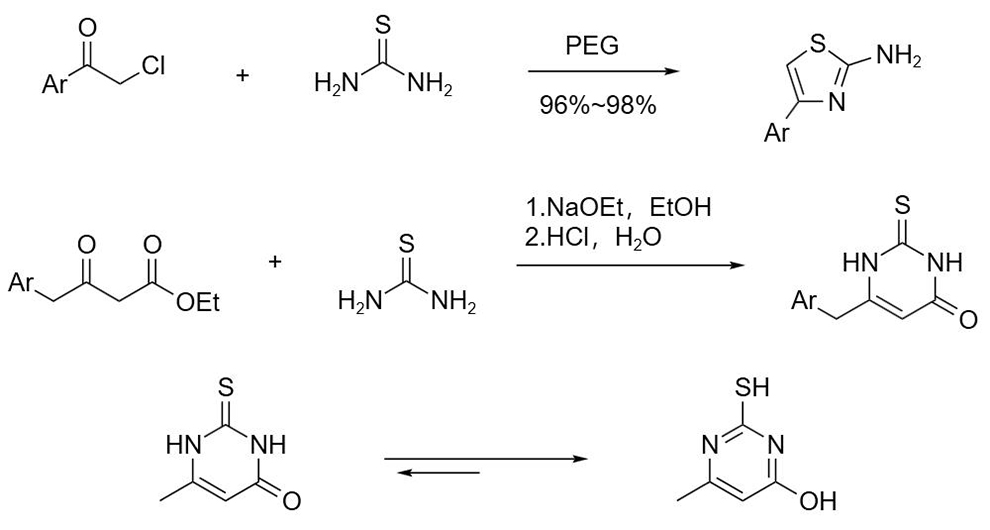 Thiourea reacts to form pyrimidines